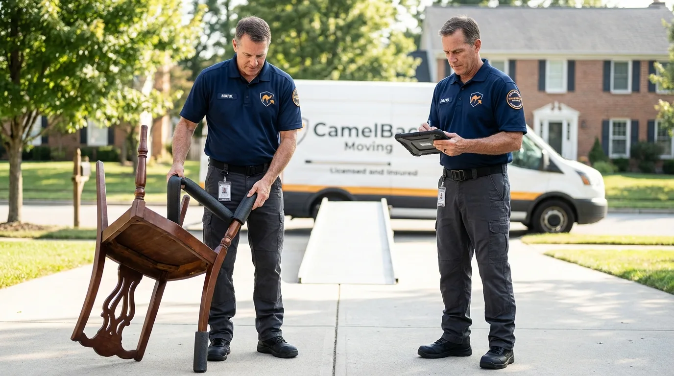 Movers inspecting furniture for damage prevention before loading in Posen, IL