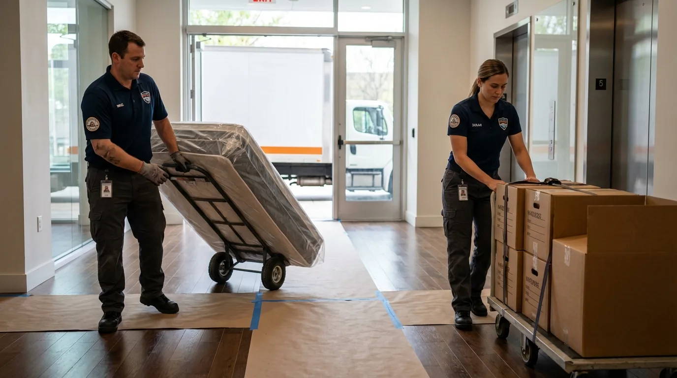 Professional apartment movers loading elevator in Posen, IL
