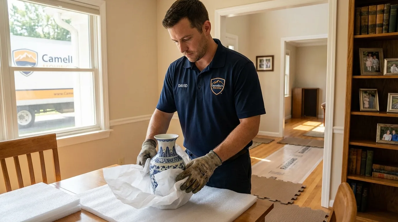 Professional crew carefully wrapping antique vase for senior downsizing move in Posen, IL